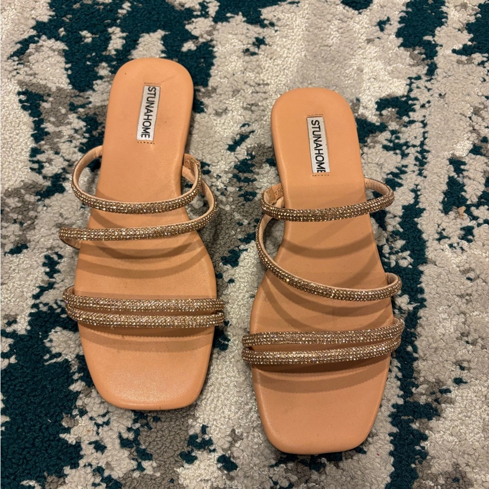 Amazon Tan and Rose Gold Strappy Sandals